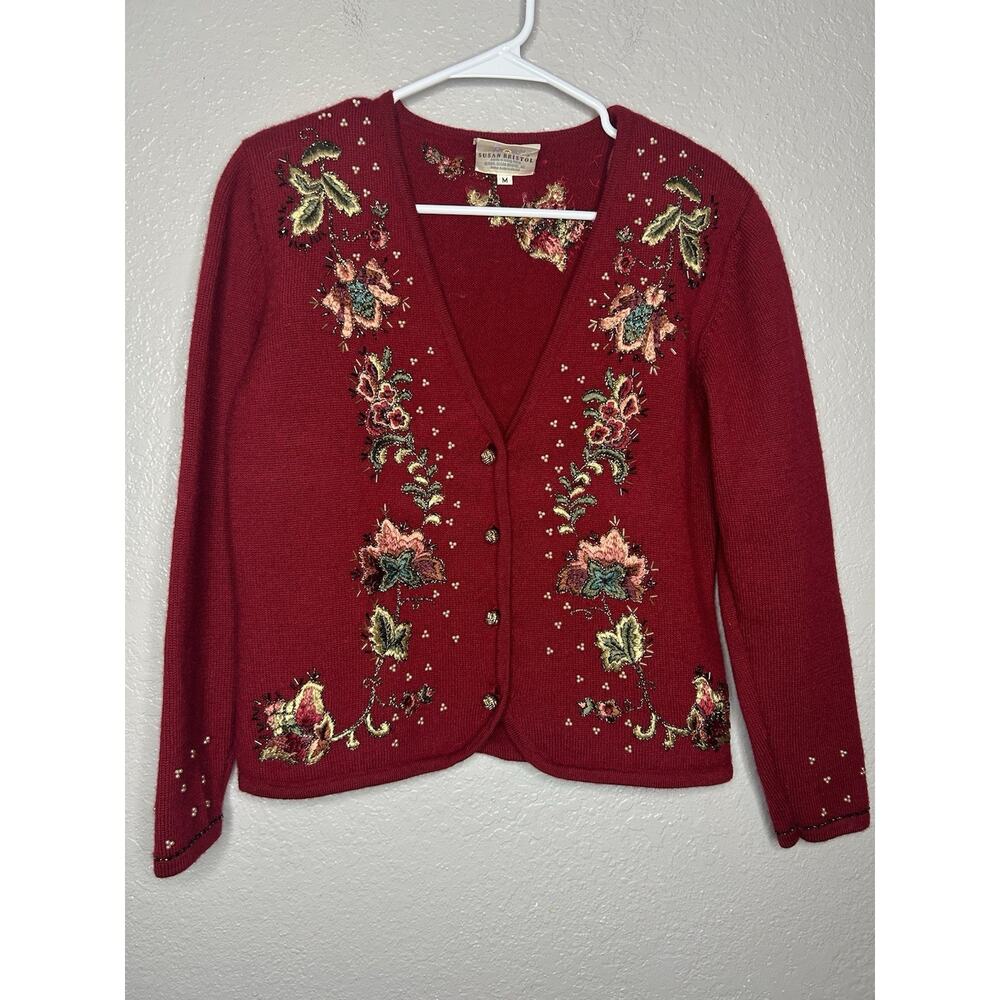 Susan Bristol‎ Vintage 90s Red Wool Christmas Sweater Embroidered Beaded Medium